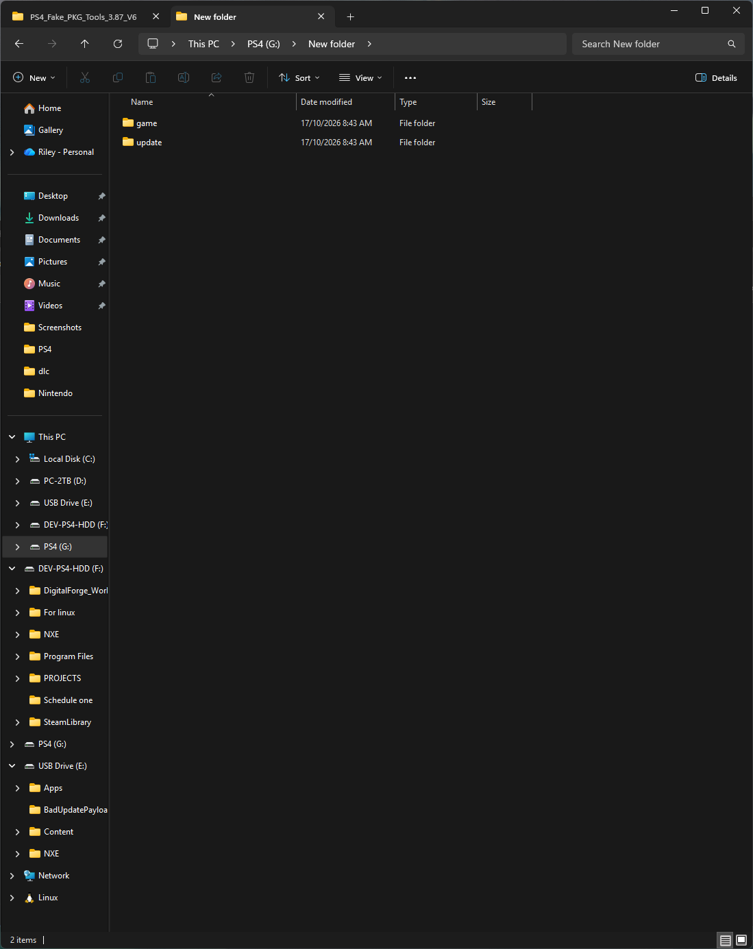File Explorer showing a parent folder named New folder containing Game and Update folders.